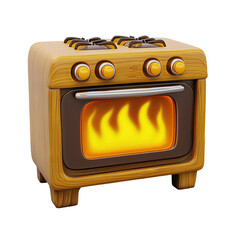Cartoonstyle wooden gas stove with glowing oven and burners.