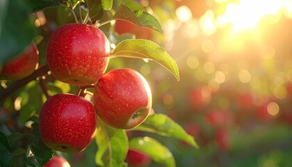 Obraz premium Ripe Red Apples with Water Droplets glistening in Golden Sunlight on Tree Branches with Green Leaves in an Orchard at Golden Hour