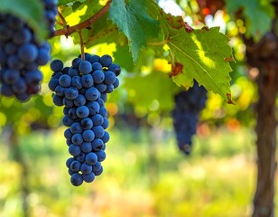 Fototapeta premium A close-up of ripe, dark purple grapes hanging from a vine