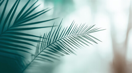 Obraz premium Green palm leaf silhouette against blurred light background with copy space. Tropical plant detail creating minimalist botanical design element with soft focus effect.