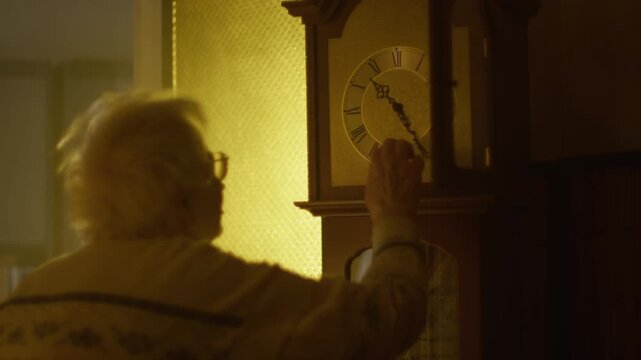 Adjusting a classic clock pendulum in a cozy apartment space