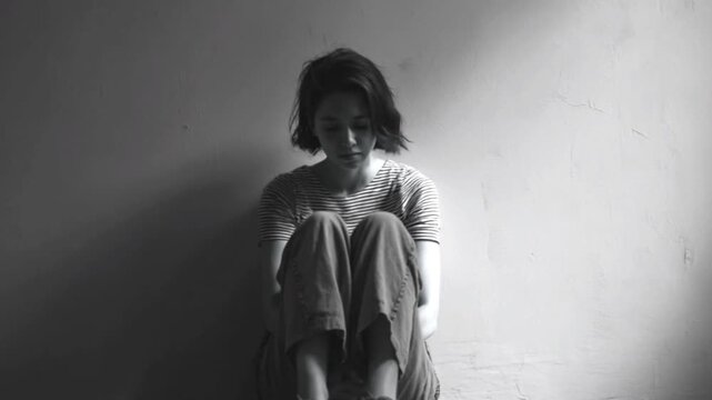 壁に背をつけて座り落ち込む女性のイメージ