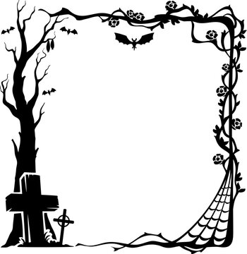 Halloween scary frame with spooky tree, gravestone and roses with thorns. Gothic cemetery border with cobweb, bat and skull. Vector black horror decoration for invitation or greeting card