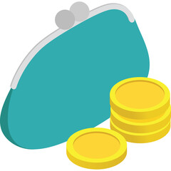 Teal coin purse with gold coins isolated on a transparent background in isometric view representing financial savings and wealth accumulation
