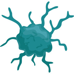 Teal colored abstract organic cell shape with multiple branching pseudopods on a transparent background