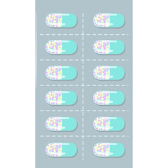 Teal colored capsules in a blister pack with a gray background showing ten pills with white speckled filling and a clean design for medical purposes
