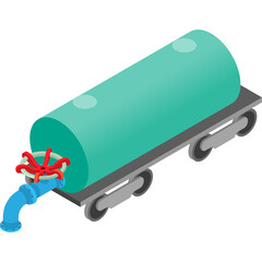 Teal colored cylindrical tank on a grey wheeled platform with a blue pipe and red valve on the left side in isometric perspective against a transparent background