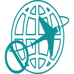 Teal colored stylized globe with airplane and orbital path graphic illustration with transparent background