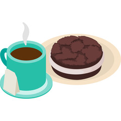 Teal Cup of Hot Coffee with Steam and a Chocolate Sandwich Cookie on a Plate with a White Tea Bag Isolated on Transparent Background