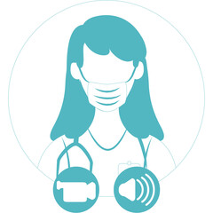 Teal Silhouette of a Medical Professional Wearing a Mask and Stethoscope with Video and Audio Icons Isolated on White Background