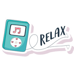 Teal Digital Music Player With Musical Note Icon On Screen And The Word Relax In Stylized Font On A White Background