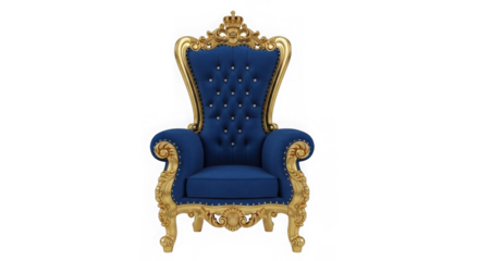 3d royal blue throne chair with ornate gold accents isolated on transparent background