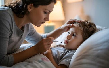 Loving mother checking her sick childs temperature with a thermometer, showing compassion and concern for her ill little boy at home in bed