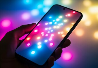 Hand holding smartphone with colorful bokeh lights in the background
