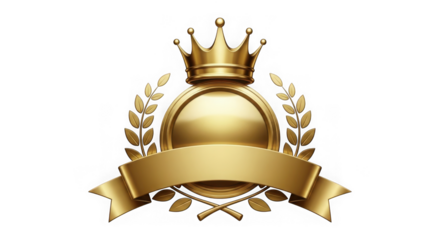 3d golden emblem with crown and ribbon isolated on transparent background