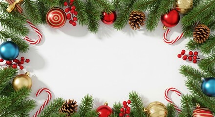 Christmas background with fir branches and decorations isolated white background
