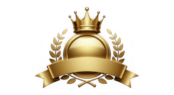 3d golden emblem with crown and ribbon isolated on transparent background