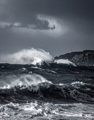 Dramatic Seascape - Waves Crashing Against the Coastline Under a Stormy Sky.