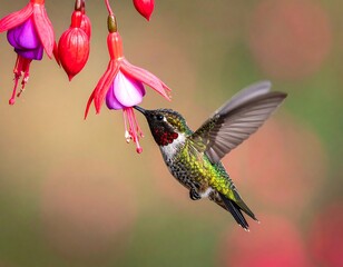 A hummingbird delicately feeding on vibrant red and purple flowers