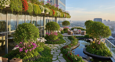 Urban sky terrace with vibrant plant beds and cozy seating area