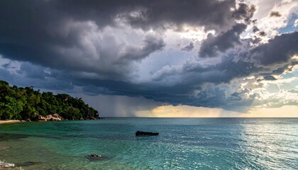 Dramatic Skies Over Tropical Waters - A Serene Coastal Scene.