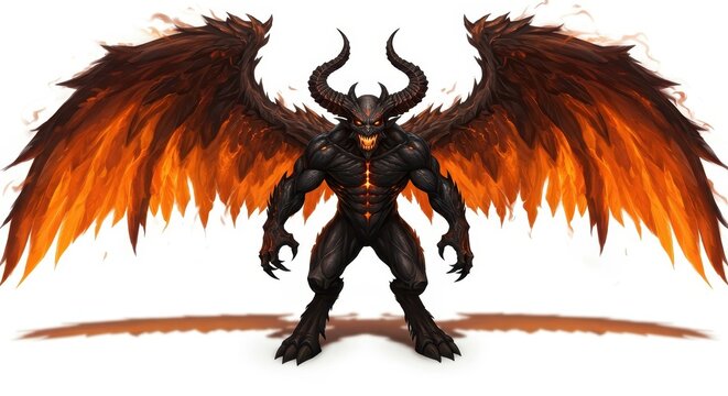 Monstrous winged fiend with glowing internal embers stands ready for confrontation