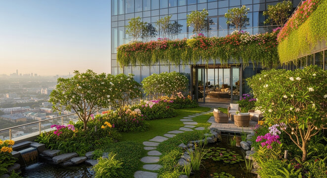 Lush rooftop garden blooming with flowers and greenery overlooking cityscape - Powered by Adobe