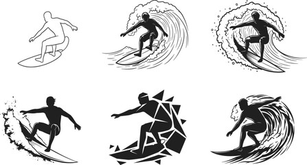 Set of Surfer on Wave Vector Illustrations, Line Art Engraving and Abstract Silhouette Surfing Graphics, Extreme Water Sport Design.