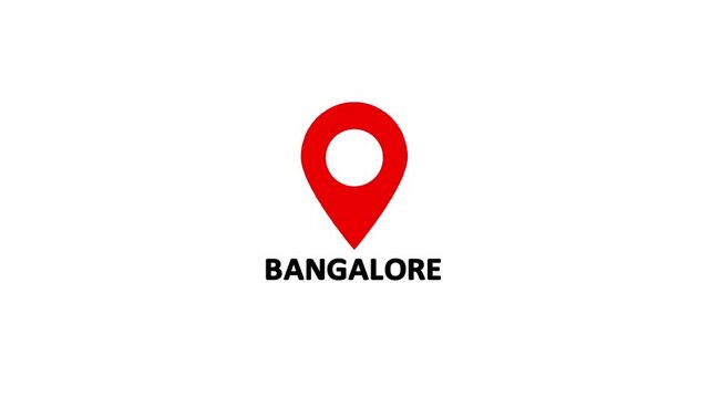 Abstract red location pin icon with city skyline inside and the word bangalore below on a white background.