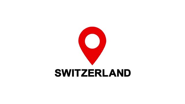 red location pin icon with the word Switzerland below on a black background map marker navigation.