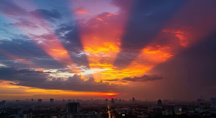 Dramatic Sunset Over City Skyline with Crepuscular Rays.