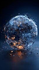 Shattered Glass Sphere with Glowing Embers on Dark Background