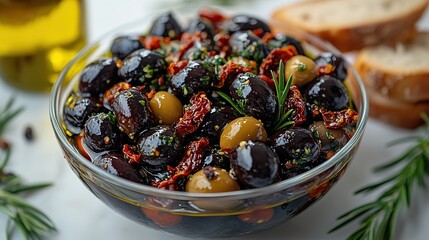Bowl of Marinated Olives with Sun - Dried Tomatoes, Herbs and Rosemary, Served with Slices of Bread