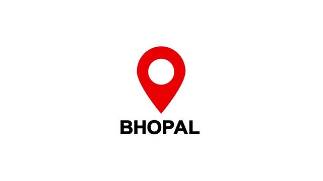 Red location pin icon with white circle marker and the word Bhopal in white text on a black background.countries location point, signs shapes.