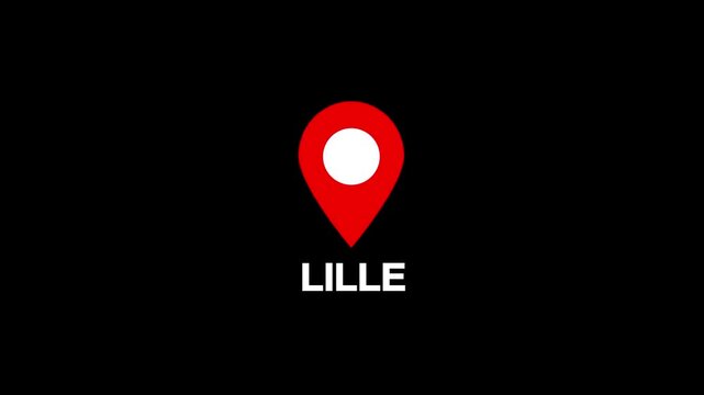 Red location pin icon with white circle marker and the word Lille in white text on a black background.countries location point, signs shapes.