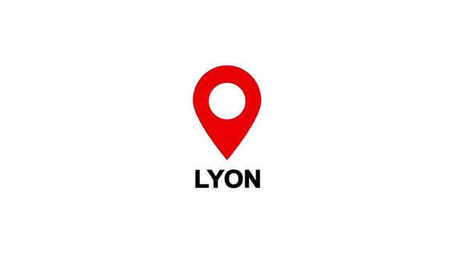 Red location pin icon with white circle marker and the word Lyon in white text on a black background.countries location point, signs shapes.