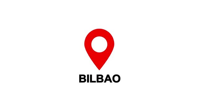 Red location pin icon with white circle marker and the word Bilbao in white text on a black background.countries location point, signs shapes.