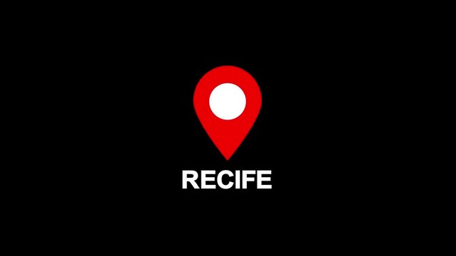 Red location pin icon with white circle marker and the word Recife in white text on a black background.countries location point, signs shapes.