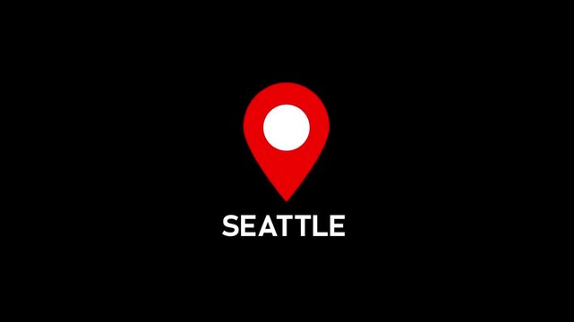 Red location pin icon with white circle marker and the word Seattle in white text on a black background.countries location point, signs shapes.