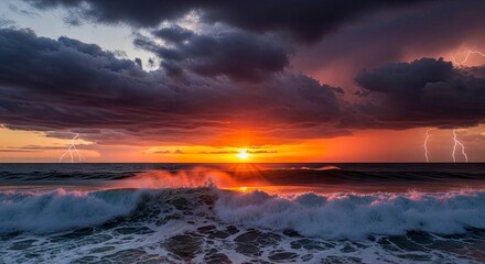 Dramatic Sunset Over the Ocean with Approaching Storm and Lightning.