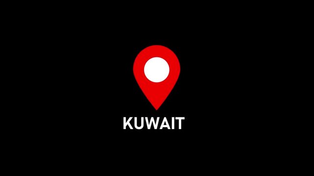 Red location pin icon with white circle marker and the word Kuwait in white text on a black background.Set of map pin location icons. Modern map markers