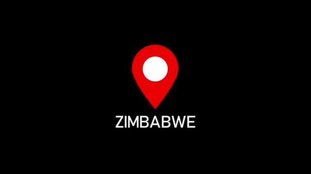 Red location pin icon with white circle marker and the word Zimbabwe in white text on a black background.Set of map pin location icons. Modern map markers