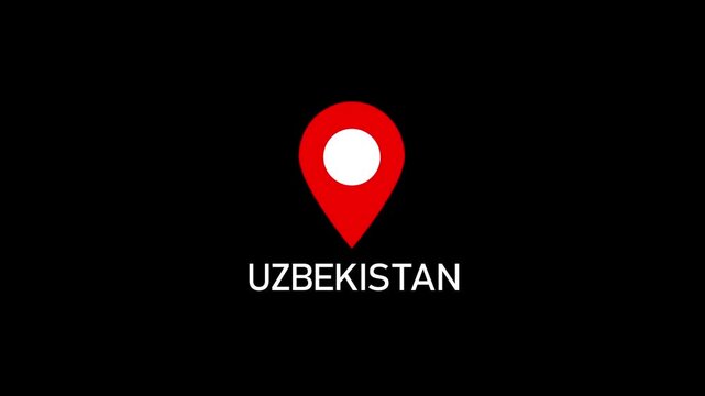 Red location pin icon with white circle marker and the word Uzbekistan in white text on a black background.Set of map pin location icons. Modern map markers