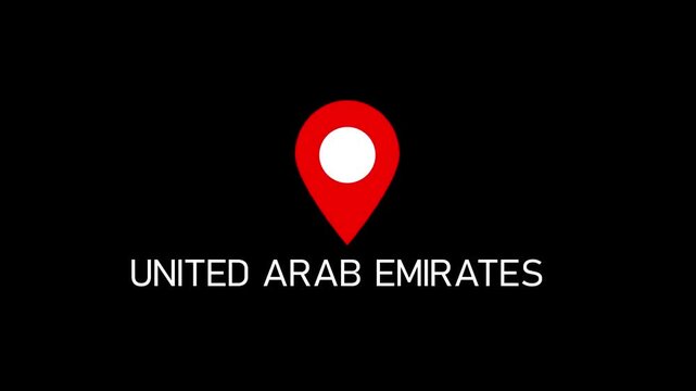 Red location pin icon with white circle marker and the word United arab emirates in white text on a black background.Set of map pin location icons. Modern map markers