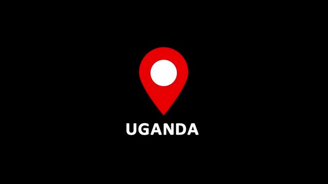 Red location pin icon with white circle marker and the word UGANDA in white text on a black background.Set of map pin location icons. Modern map markers