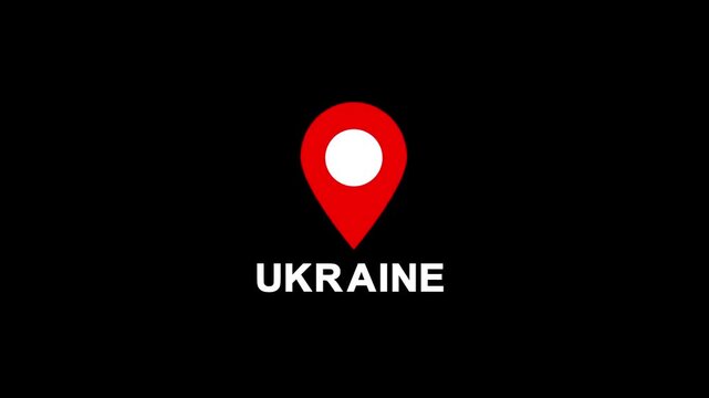 Red location pin icon with white circle marker and the word Ukraine in white text on a black background.Set of map pin location icons. Modern map markers