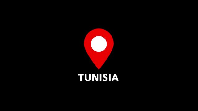 Red location pin icon with white circle marker and the word Tunisia in white text on a black background.Set of map pin location icons. Modern map markers