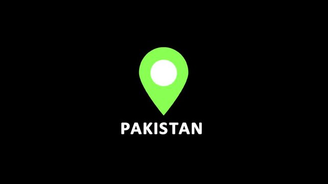 Green location pin icon with white circle marker and the word Pakistan in white text on a black background.Set of map pin location icons. Modern map markers
