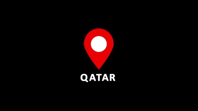 Red location pin icon with white circle marker and the word Qatar in white text on a black background.Set of map pin location icons. Modern map markers