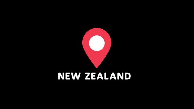 Red location pin icon with white circle marker and the word New Zealand in white text on a black background.Set of map pin location icons. Modern map markers